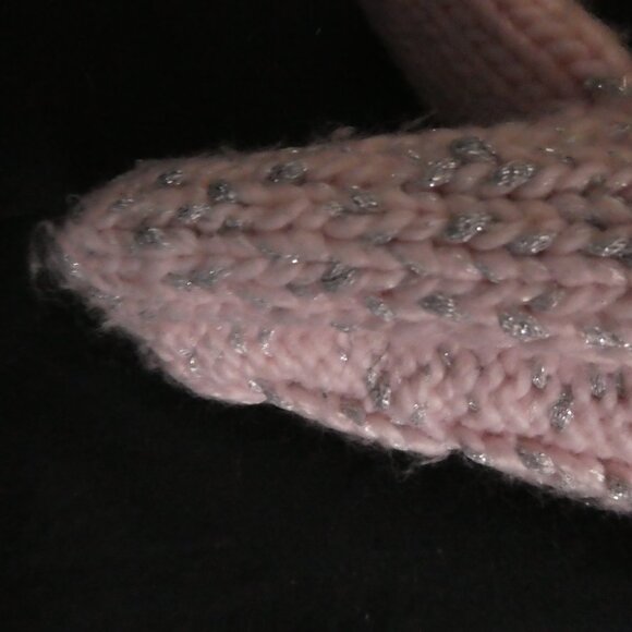 Fleece Lined Pink and Grey Knit Mittens with Shiny Fibers - Picture 4 of 15